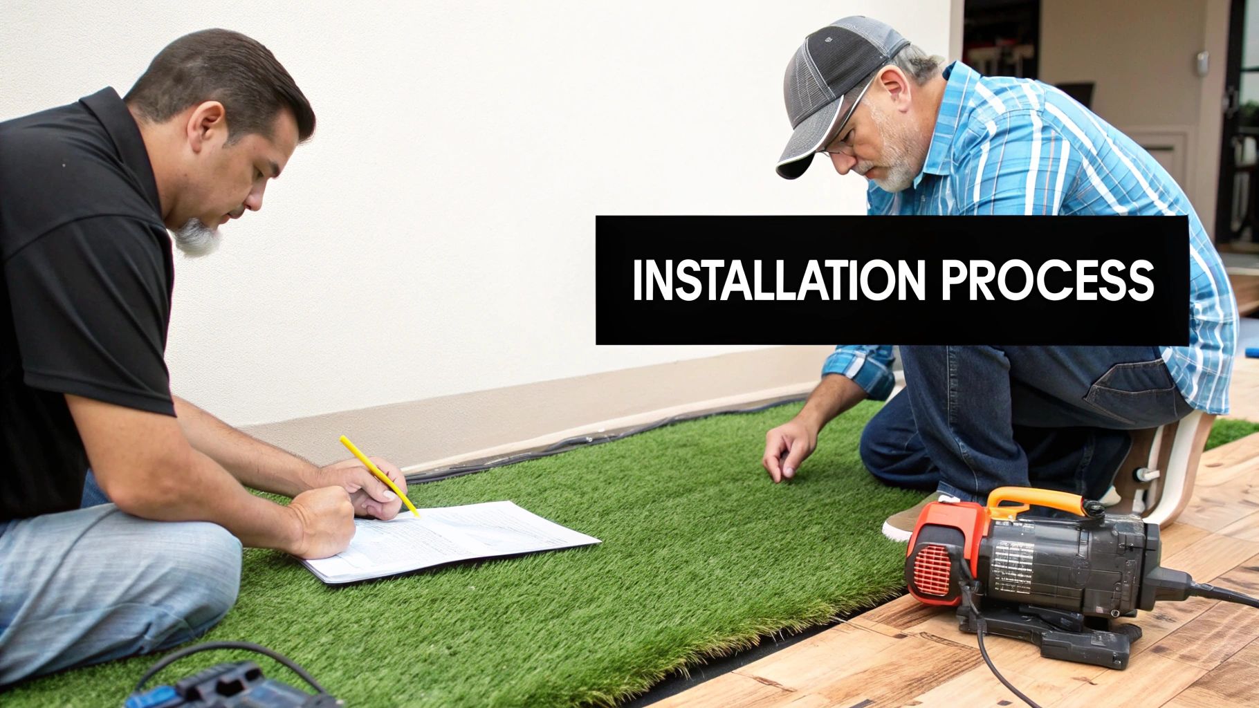 Two men installing artificial turf, one writing on a document while the other adjusts the turf. A black banner says "INSTALLATION PROCESS".