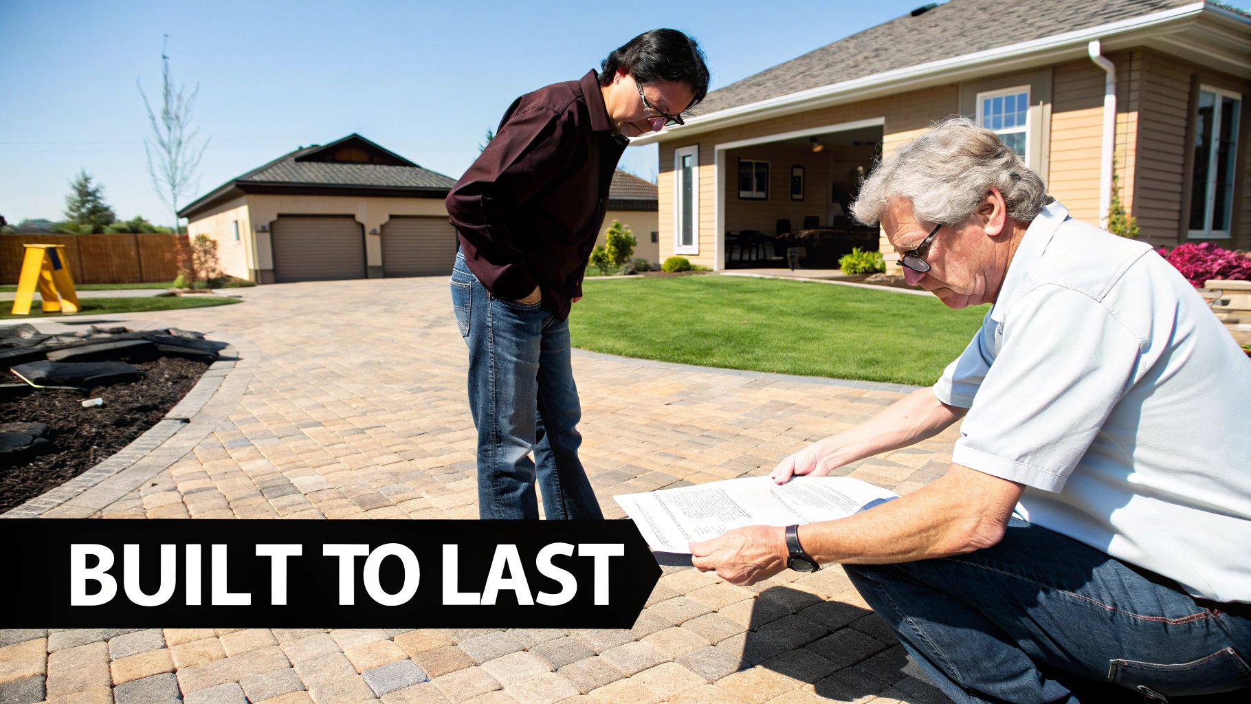 Two men reviewing documents on a newly paved driveway in front of a modern house, sunny day.