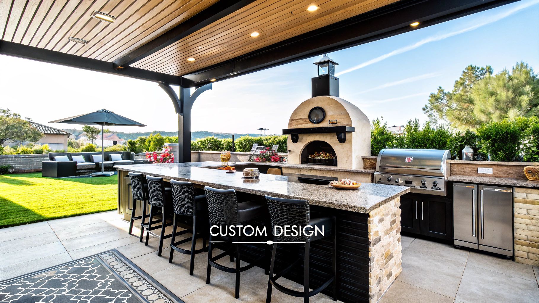 A beautiful outdoor kitchen integrated into a patio, featuring a grill, sink, and stone accents that match the Leander, Texas landscape.