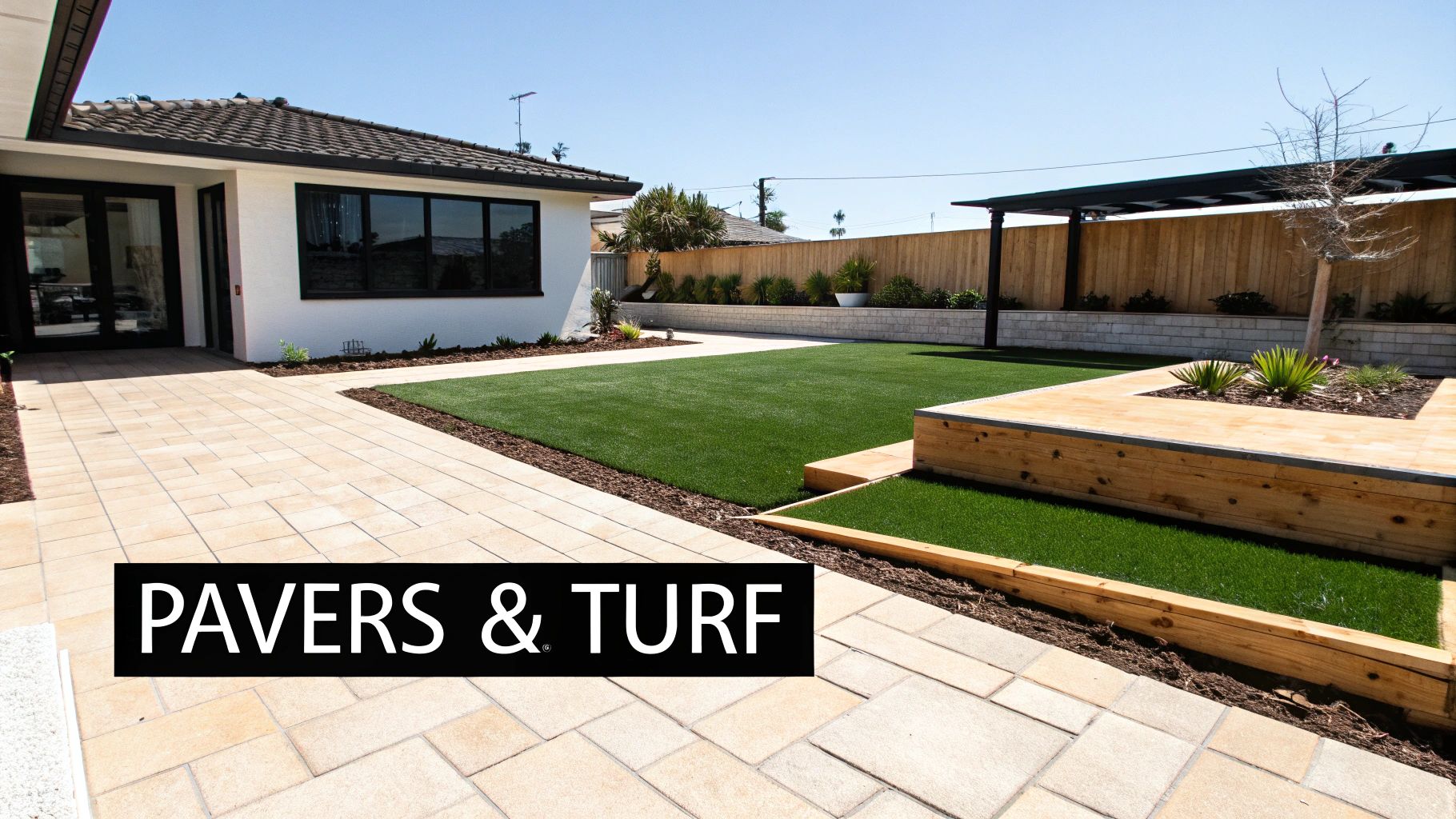 A modern backyard featuring light-colored pavers, lush artificial turf, and a raised wooden planter.