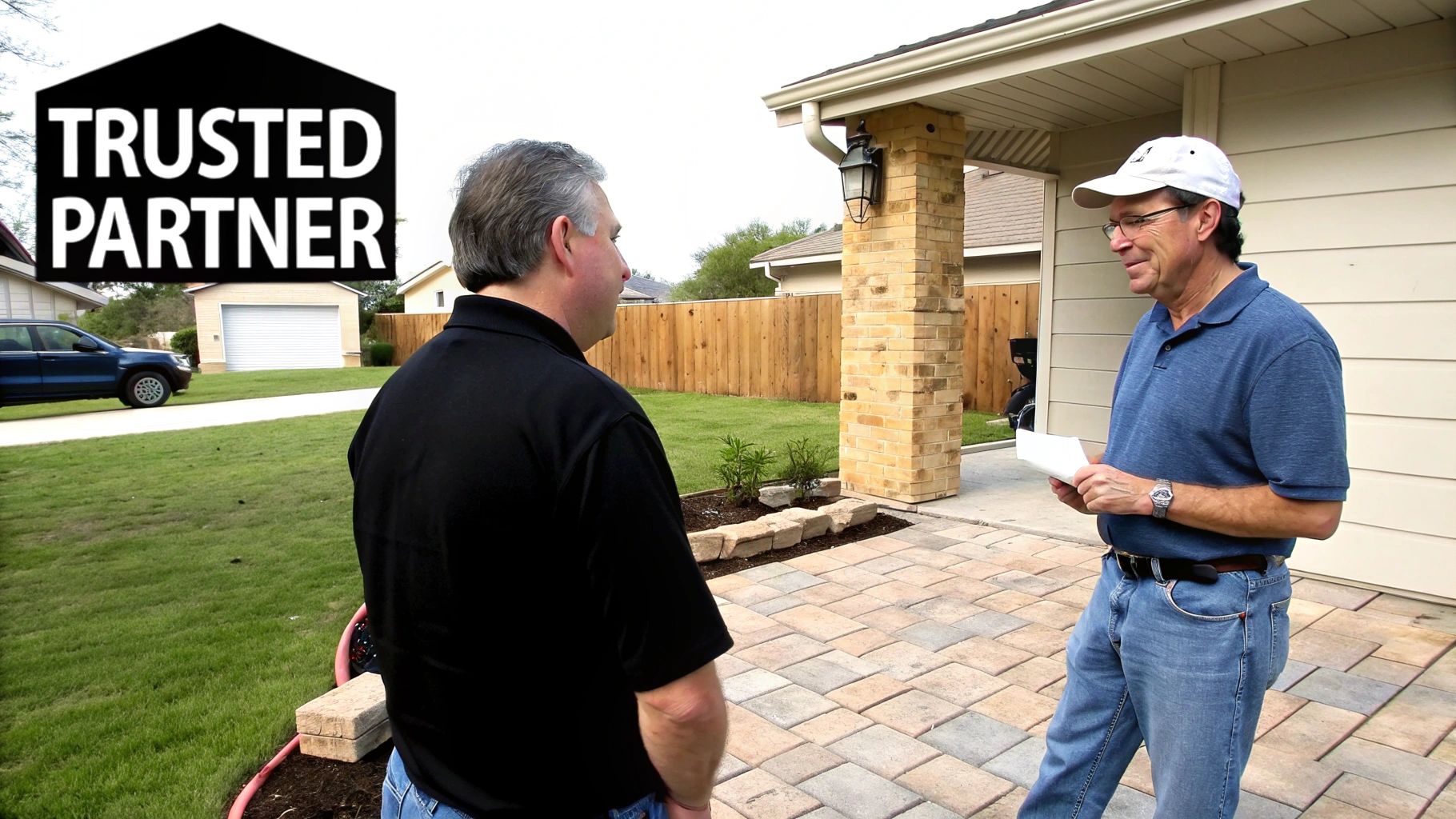 Two men discussing property improvements outside a house, one holding papers, with a 'TRUSTED PARTNER' logo.