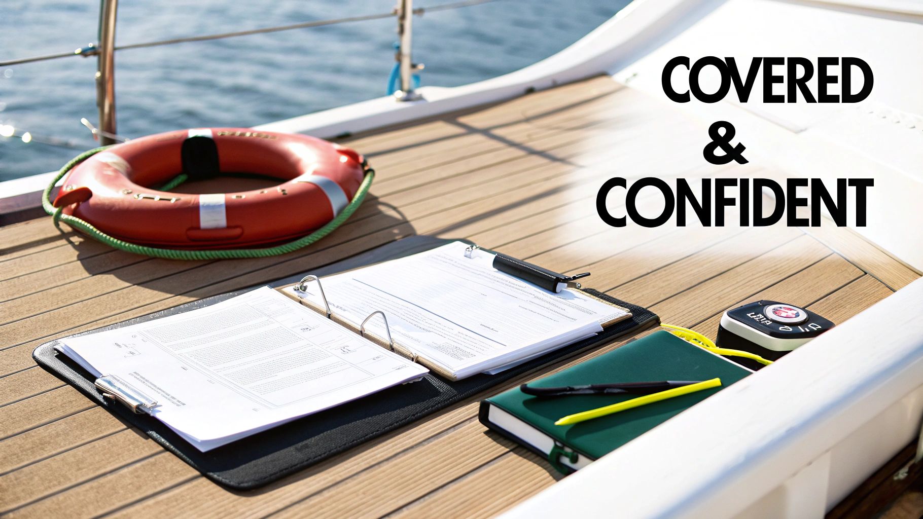Documents, notebook, and a lifebuoy on a boat deck, with text 'COVERED & CONFIDENT'.
