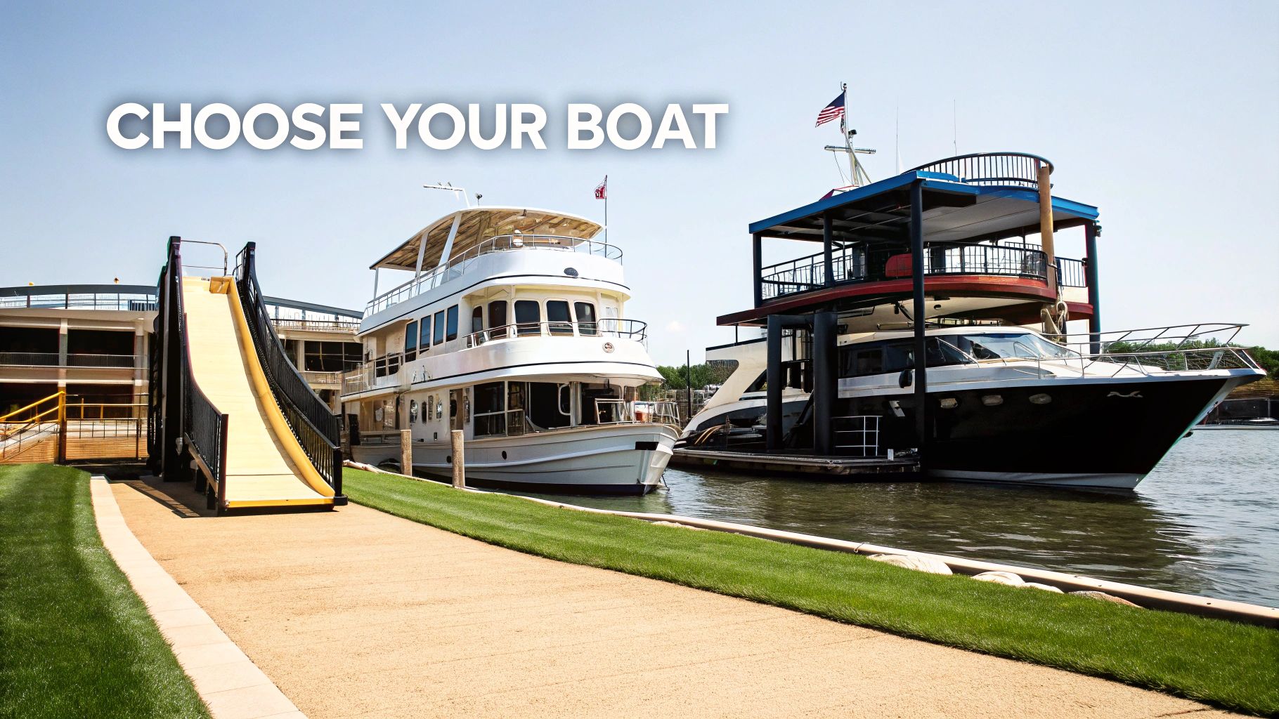 Two large boats docked on a sunny day, next to a slide and pathway, with 'CHOOSE YOUR BOAT' text.