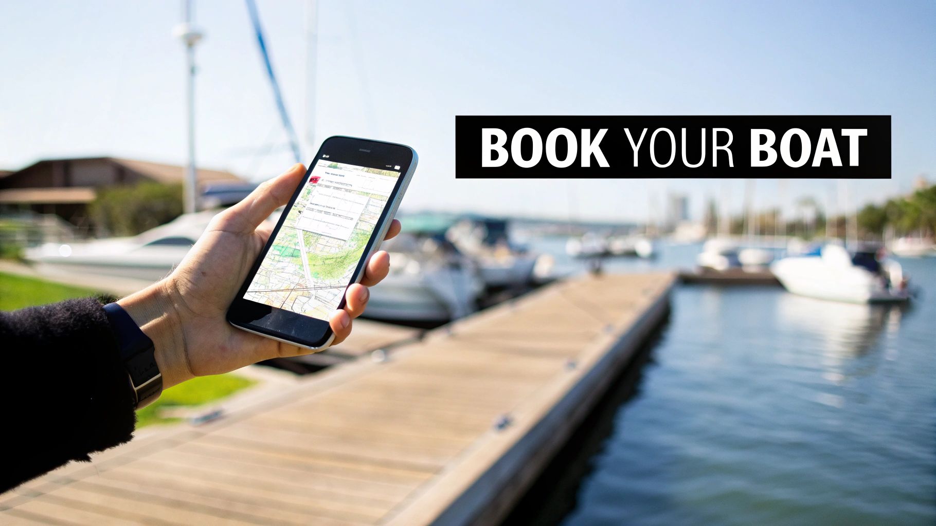 A person holding a smartphone with a boat rental map app at a sunny marina dock.