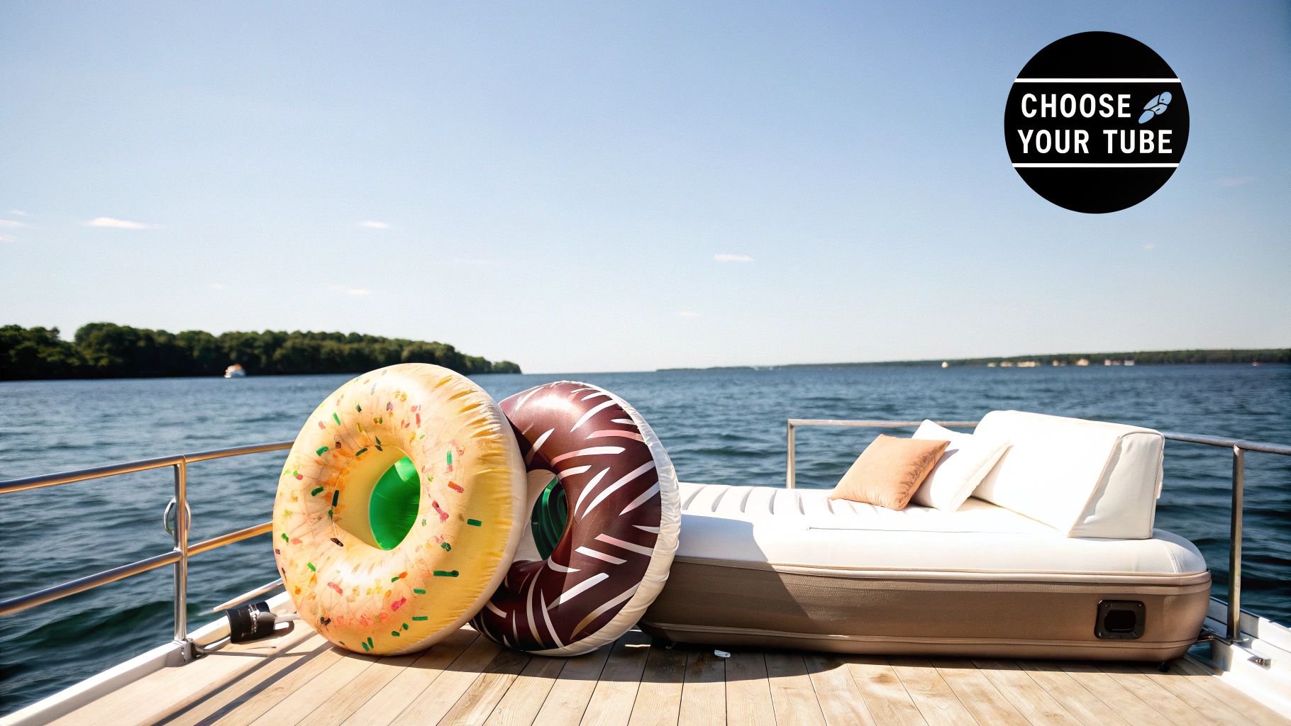 Two colorful donut-shaped inflatable tubes and a lounge bed on a boat deck overlooking a sunny lake.