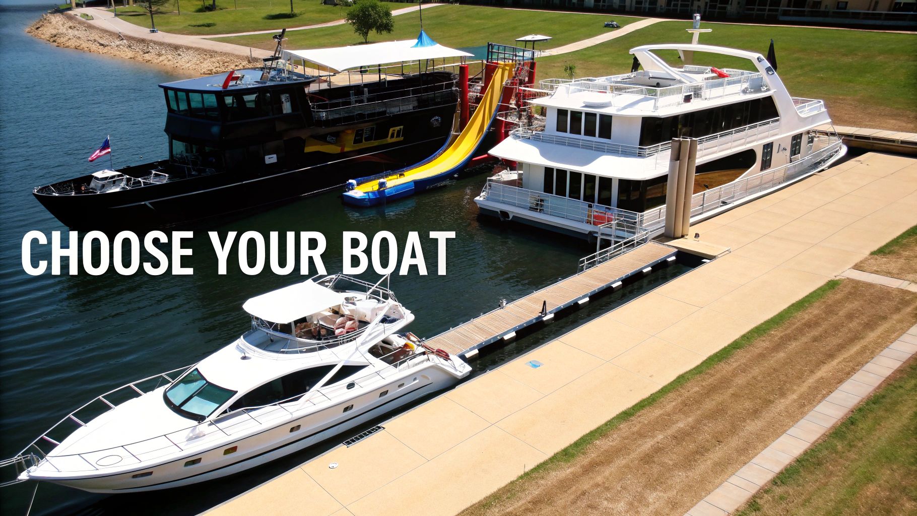 An aerial view of a marina with three boats and 'CHOOSE YOUR BOAT' text overlay.