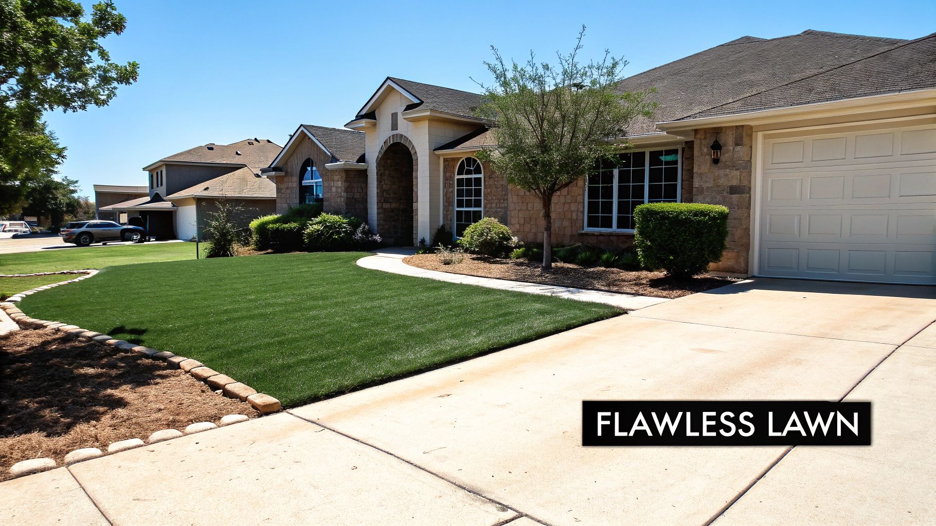 A perfectly installed artificial turf lawn in a residential backyard, looking green and lush.