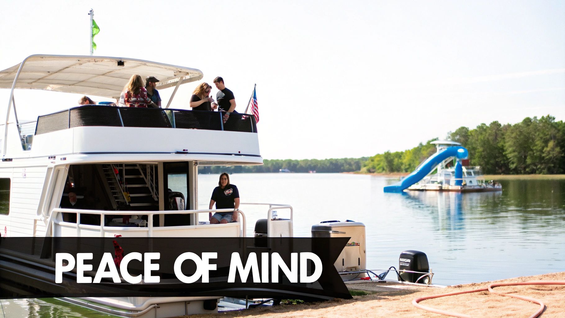 People enjoying a sunny day on a multi-deck houseboat docked at a lake with a blue water slide.