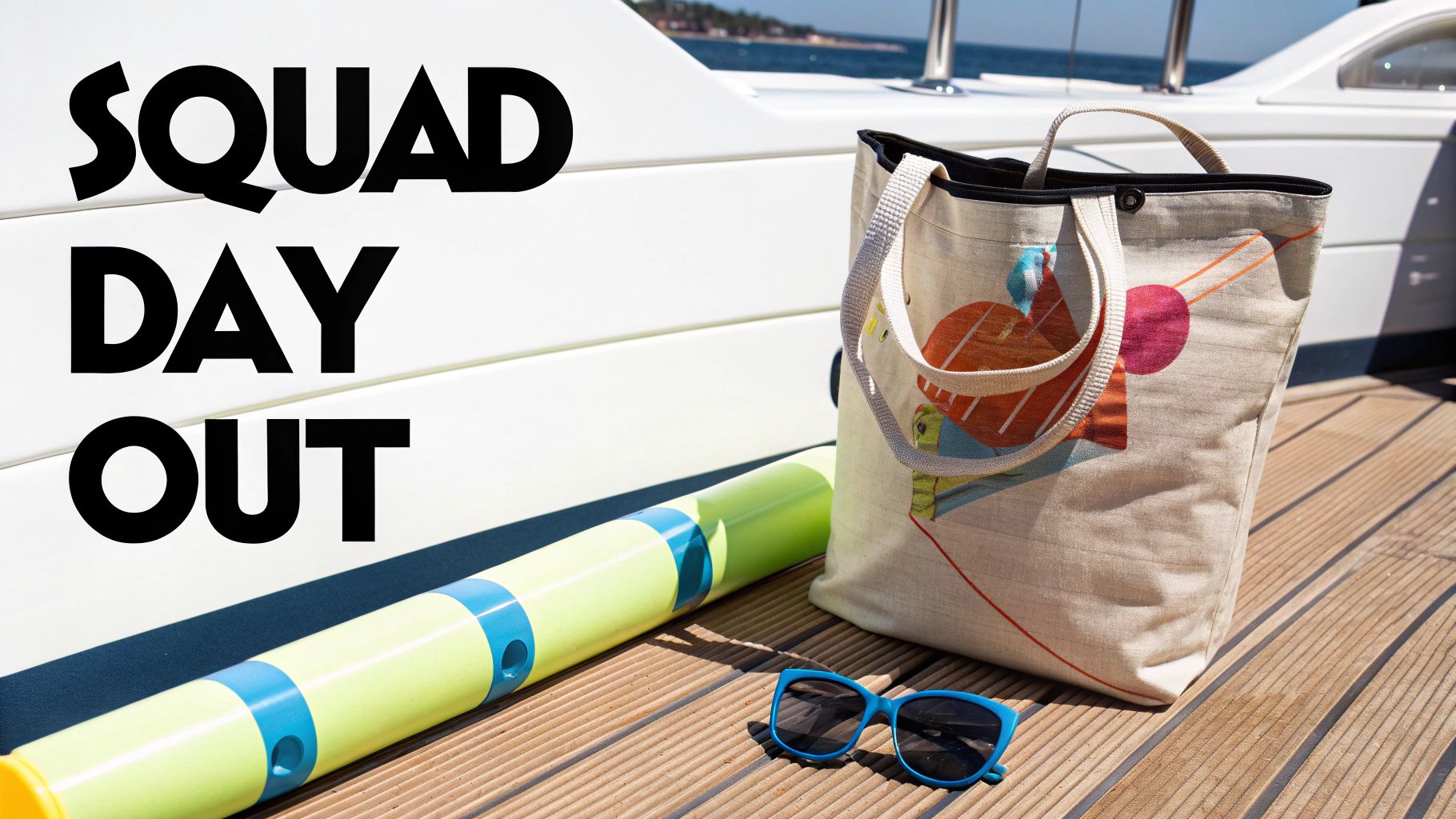 Text 'SQUAD DAY OUT' on a white boat, with a beach bag, sunglasses, and a float.