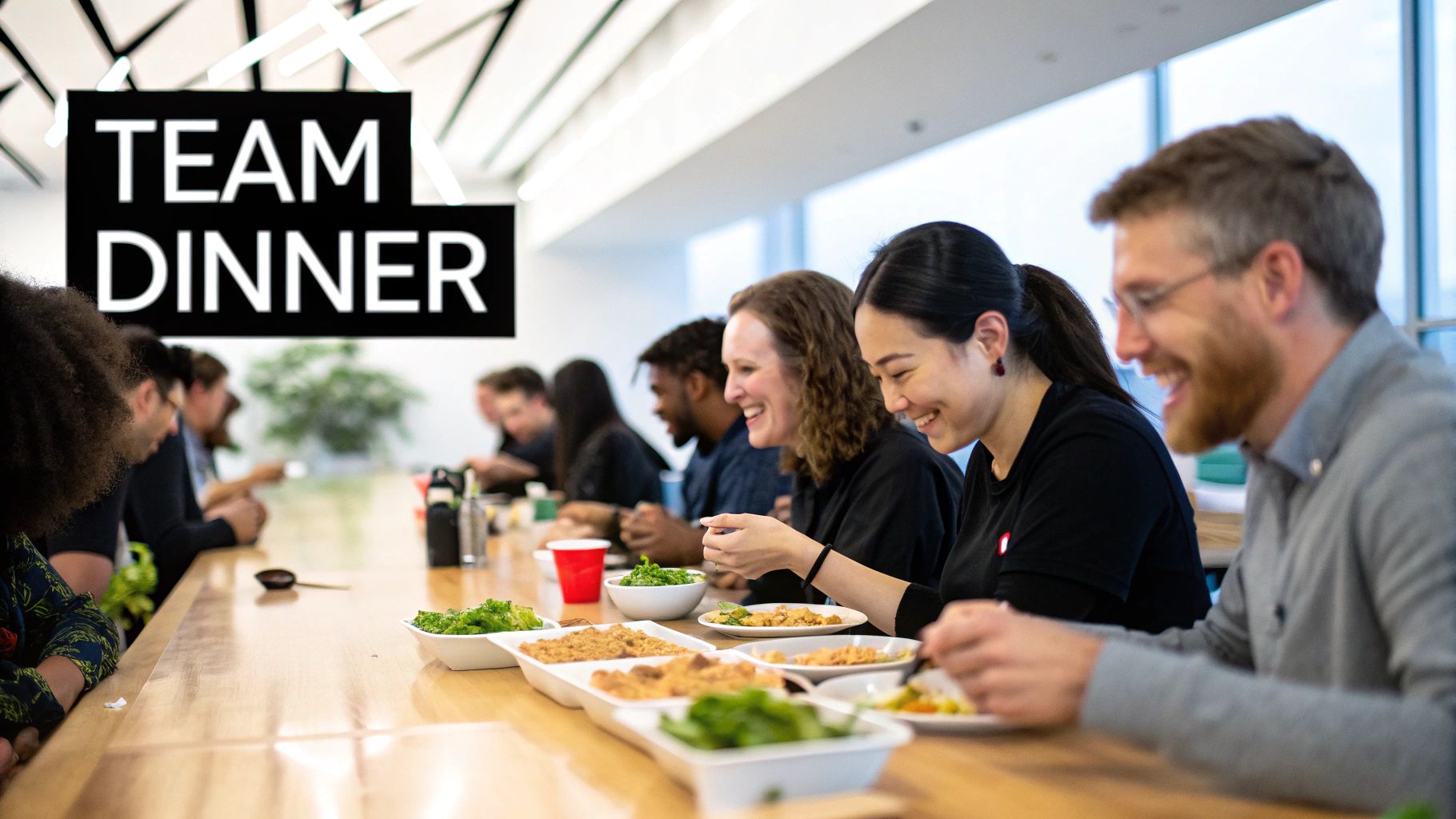 A diverse team happily shares a meal and laughs together at a long table during a team dinner.