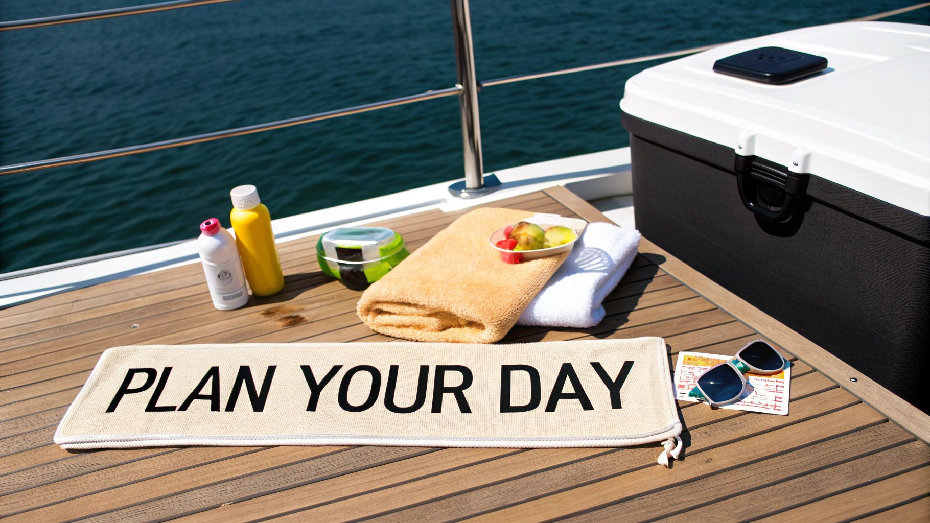 A serene boat deck with a towel saying 'PLAN YOUR DAY', fruit, drinks, sunglasses, and a cooler.