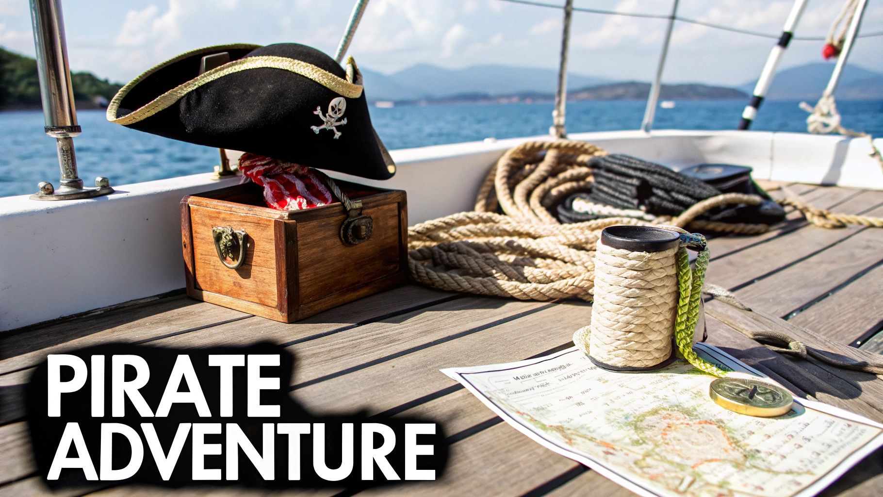 A pirate hat, treasure chest, map, compass, and ropes on a boat deck with the sea in the background.