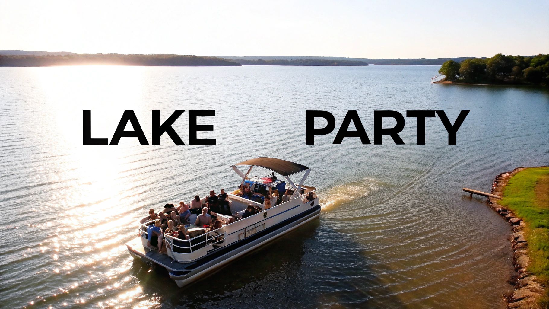 An aerial view of a pontoon boat filled with people enjoying a lake party at sunset, with text "LAKE PARTY".