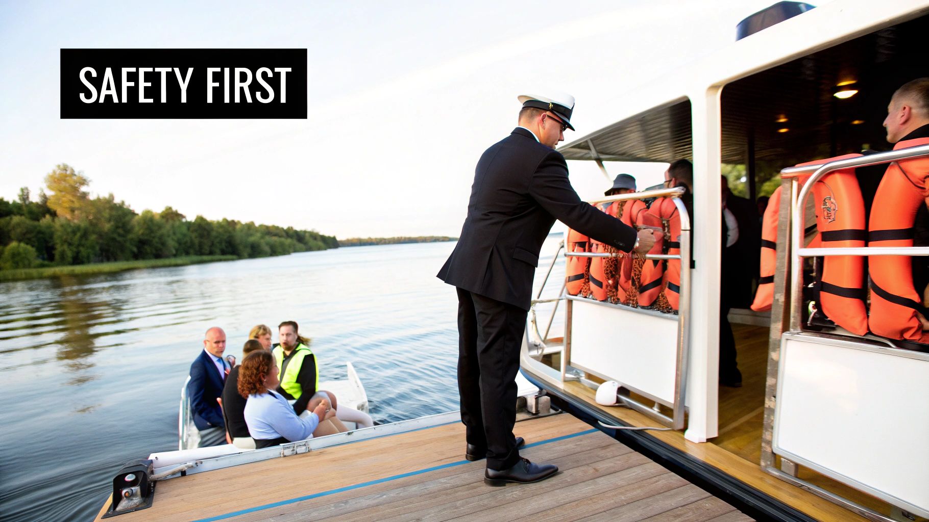 A uniformed man assists passengers on a boat on a lake with visible life jackets, promoting safety.