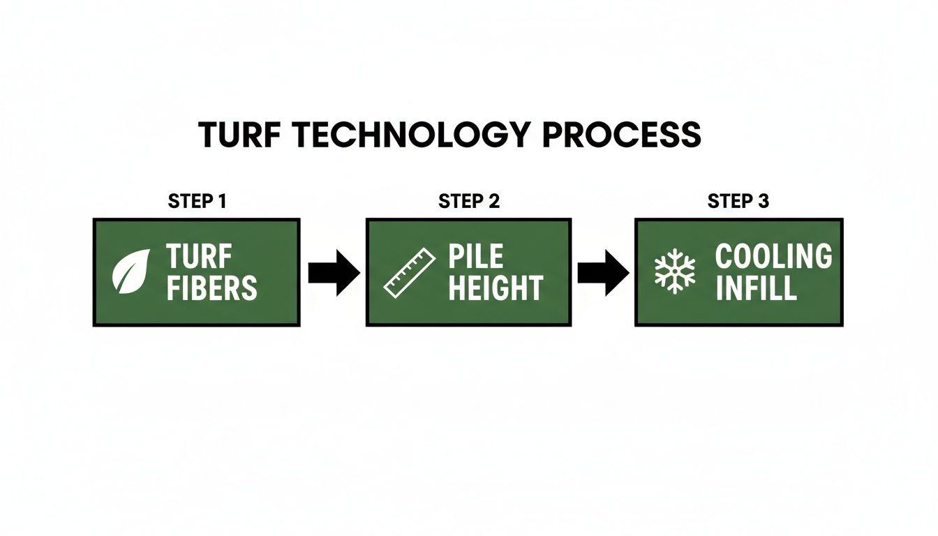 A three-step diagram illustrating the turf technology process: turf fibers, pile height, and cooling infill.