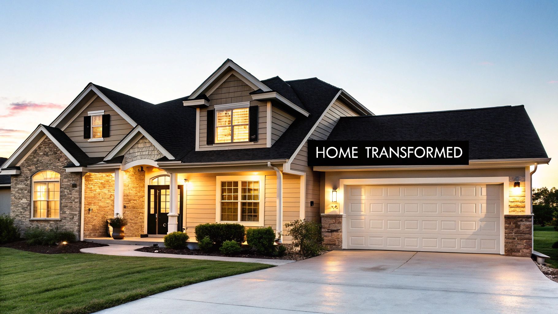 Beautiful house exterior at dusk with warm eave lights, stone accents, and 'HOME TRANSFORMED' text overlay.