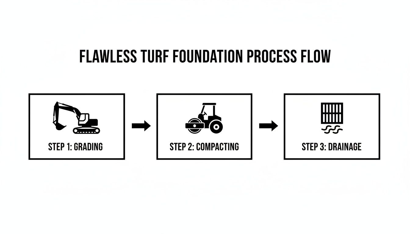 A flowchart detailing the flawless turf foundation process, showing steps for grading, compacting, and drainage.