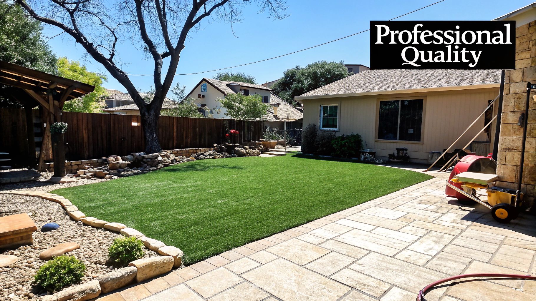 A beautiful, modern backyard with expertly installed artificial turf, comfortable patio furniture, and lush green plants.