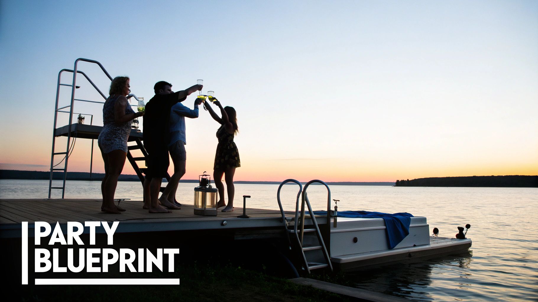 Friends toasting on a pontoon boat with a bar on Lake Travis
