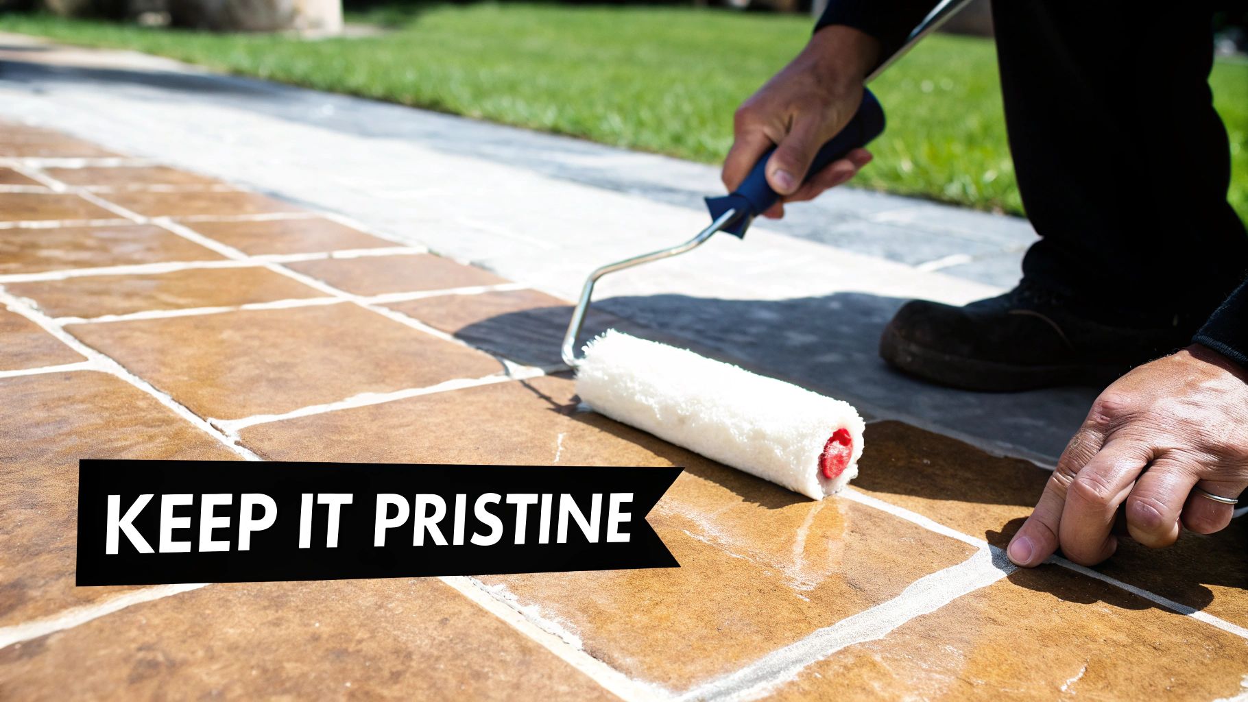 A person applies a sealant to outdoor patio tiles with a roller, keeping it pristine.