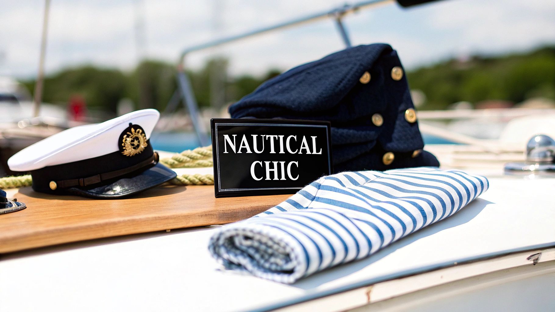 Nautical chic display on a boat with a captain's hat, jacket, sign, and striped fabric.