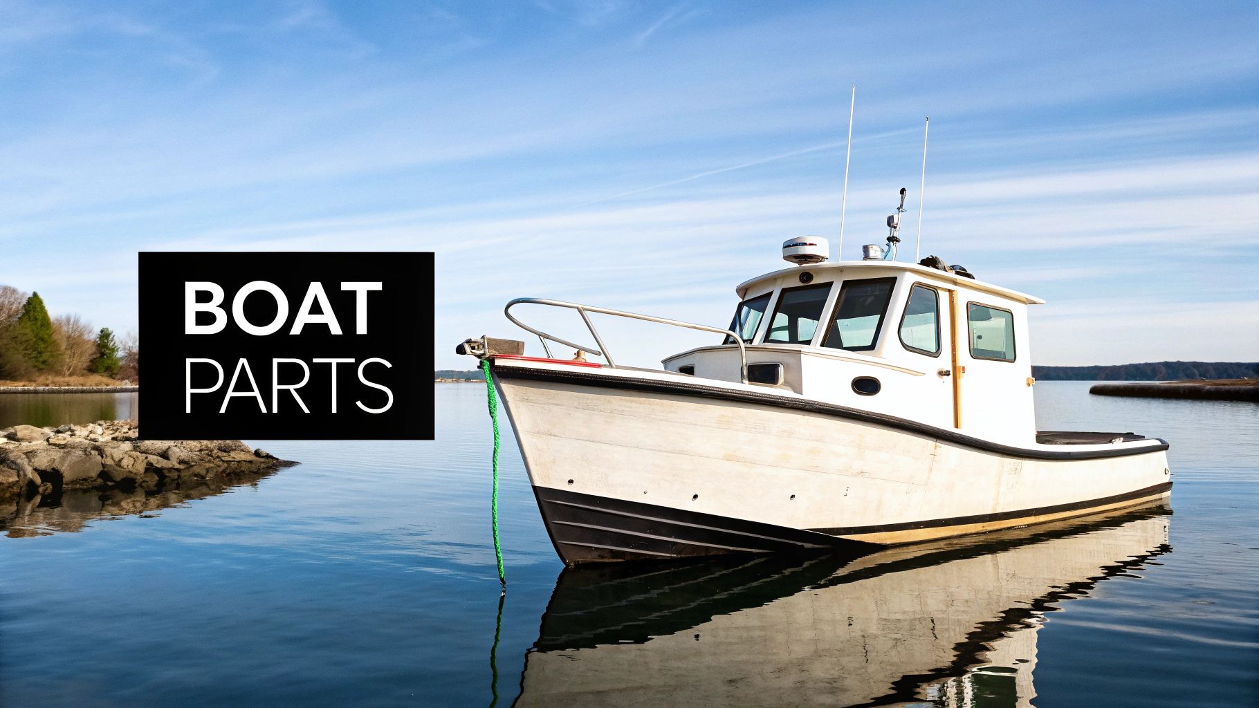 A white fishing boat floats on calm blue water with a prominent 'BOAT PARTS' text overlay.