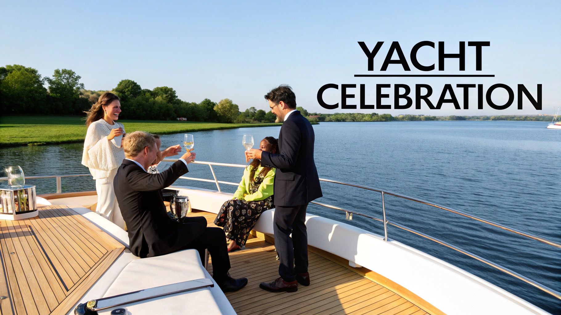 Four elegantly dressed people on a yacht, toasting with drinks on a sunny day.
