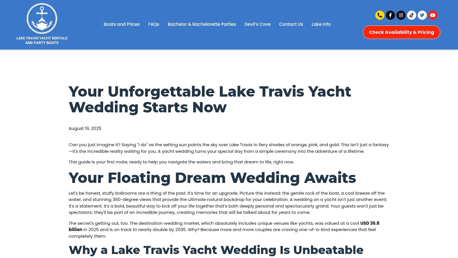 A beautiful yacht on a sunny day, perfect for a Lake Travis wedding