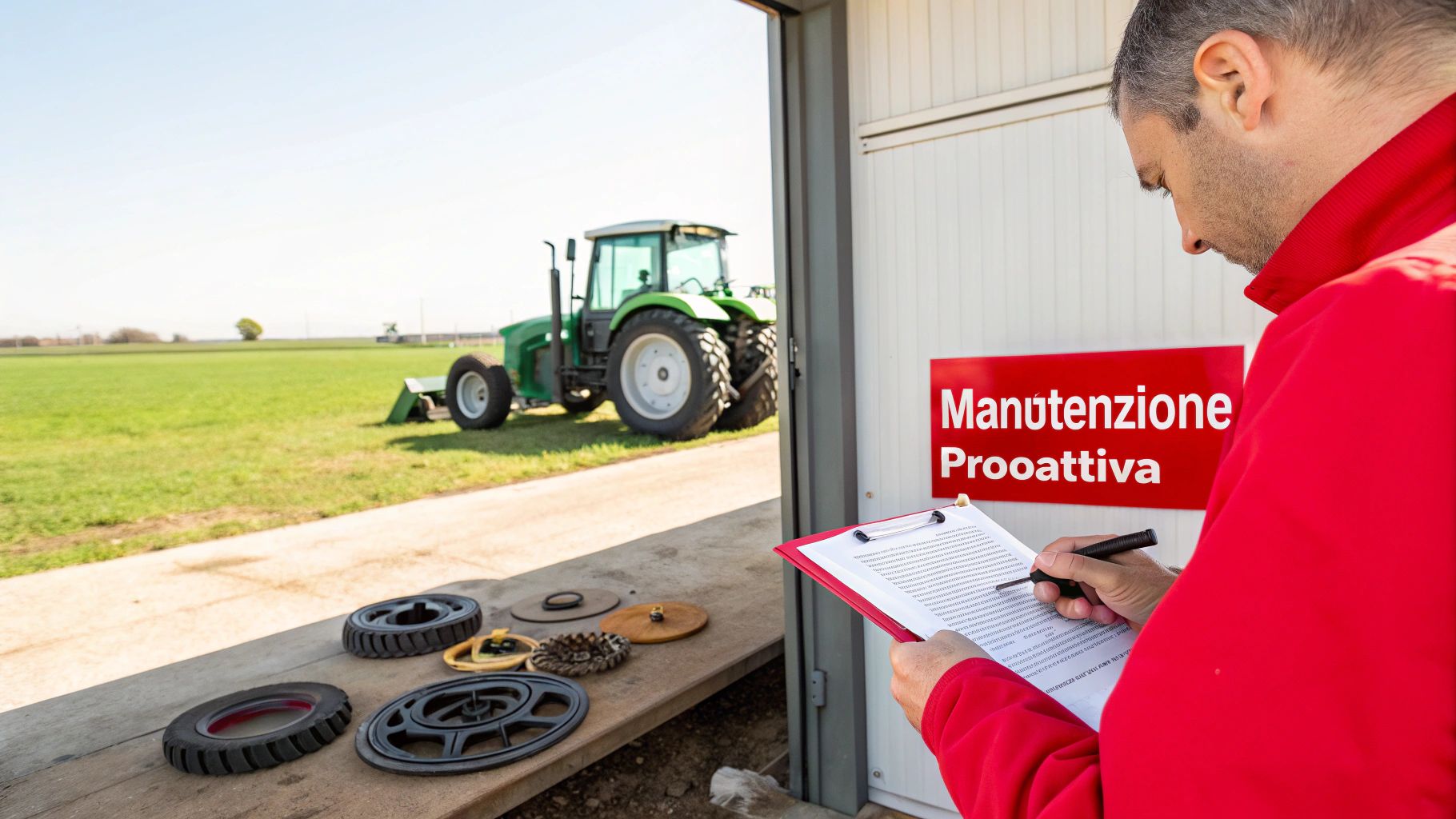 Uomo con camicia rossa controlla appunti vicino a un cartello di manutenzione proattiva, con un trattore e ricambi agricoli sullo sfondo.
