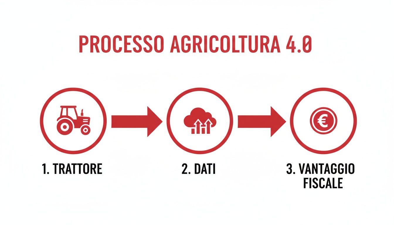 Diagramma che illustra il processo dell'Agricoltura 4.0: dal trattore ai dati, fino al vantaggio fiscale.
