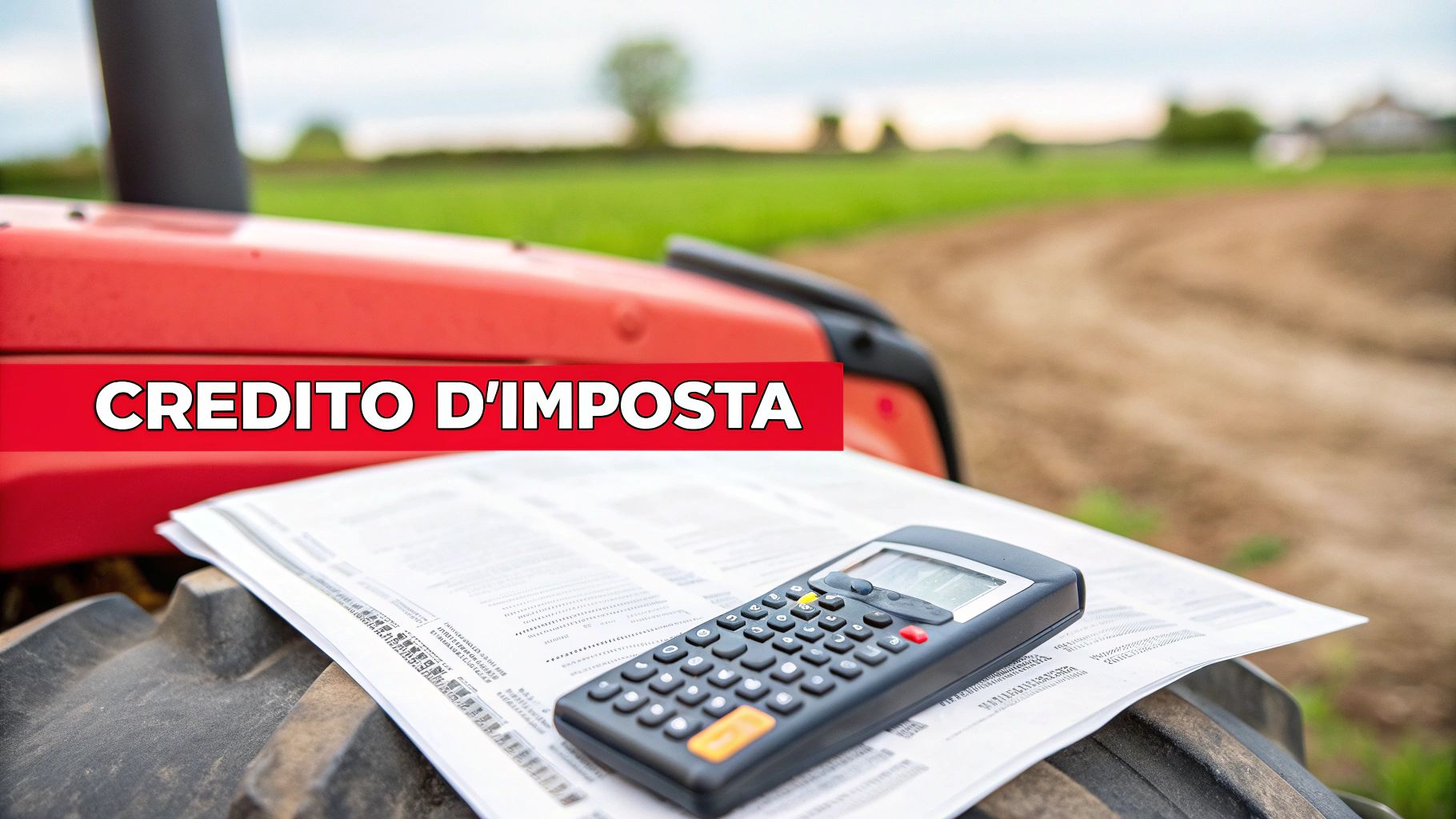 Un trattore rosso con un banner "CREDITO D'IMPOSTA", documenti e calcolatrice su un campo agricolo.