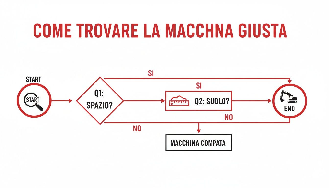 Diagramma di flusso su come scegliere la macchina giusta, basato su spazio e suolo, per trovare l'escavatore ideale.
