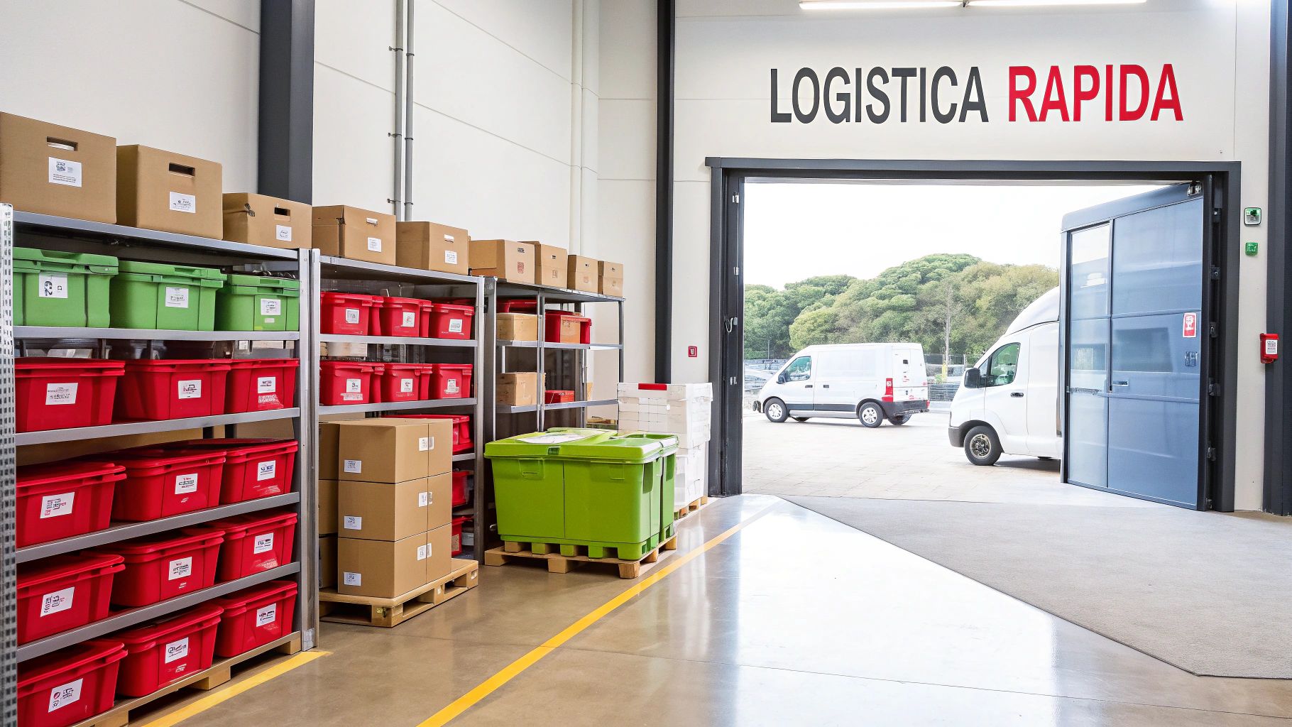 Interno di un moderno magazzino logistico con scaffali pieni di contenitori colorati e scatole, furgoni esterni.