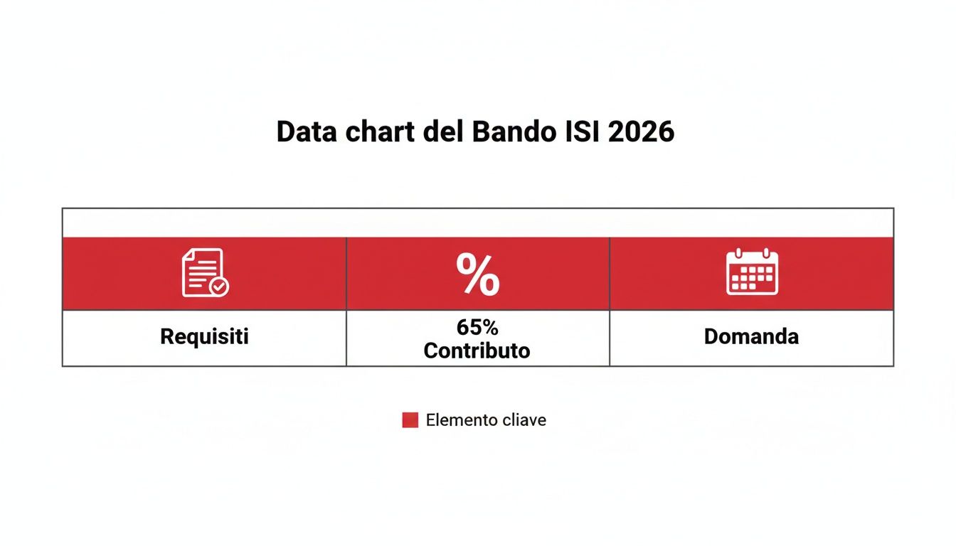 Grafico dati del Bando ISI 2026 che mostra requisiti, contributo del 65% e la domanda.