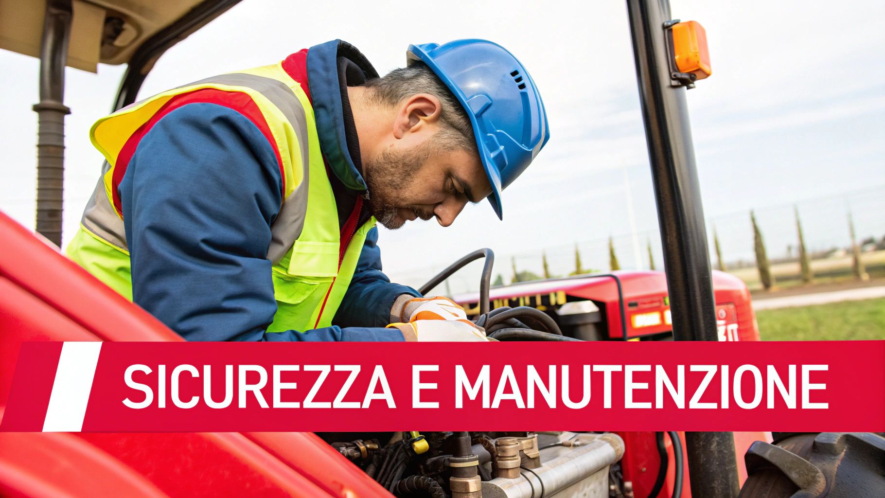 Un uomo con casco e giubbotto di sicurezza esegue manutenzione su un trattore rosso. Sfondo cielo nuvoloso.