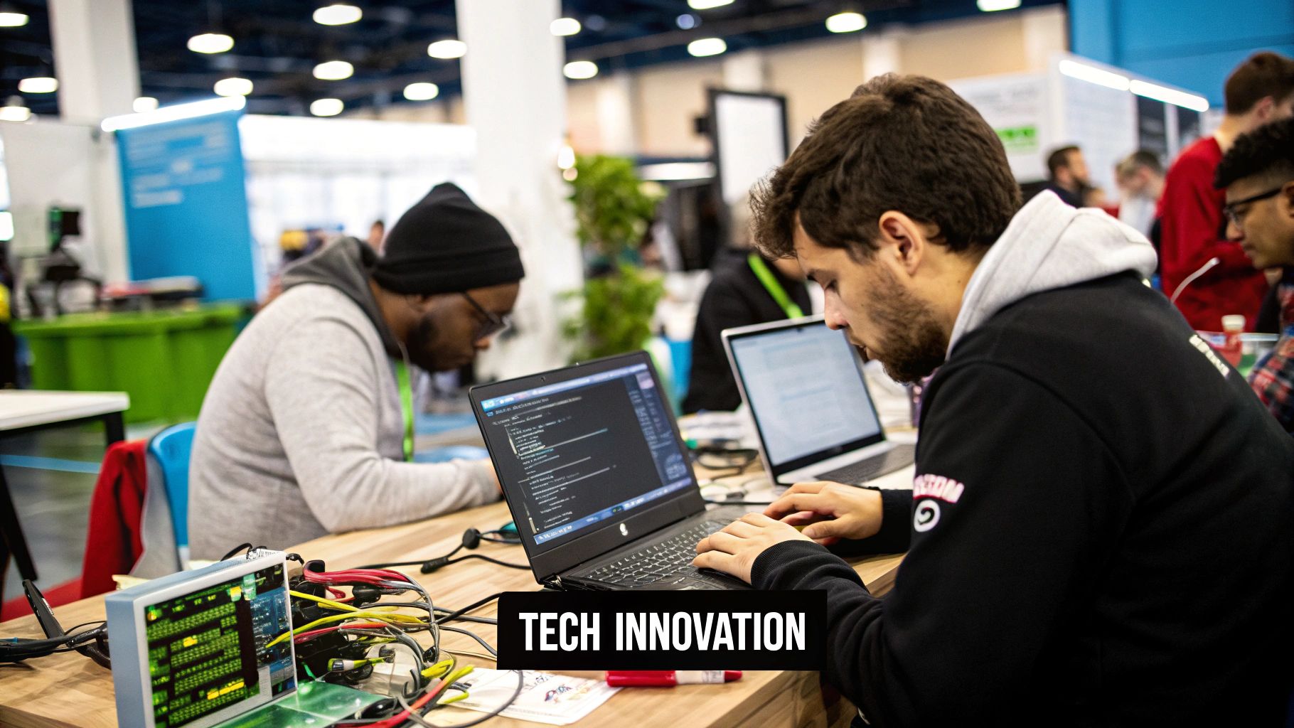 A group of tech professionals collaborating around a table in a modern Dubai office, discussing a project on a laptop.