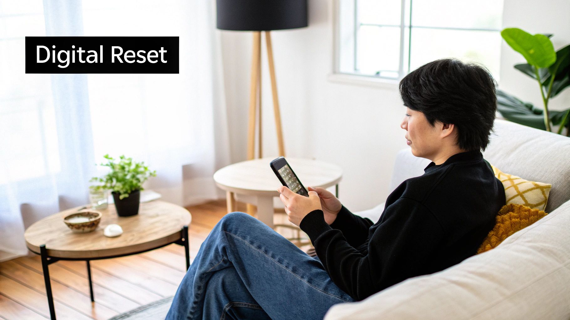 A person sits on the floor looking at their phone with social media icons floating around them.