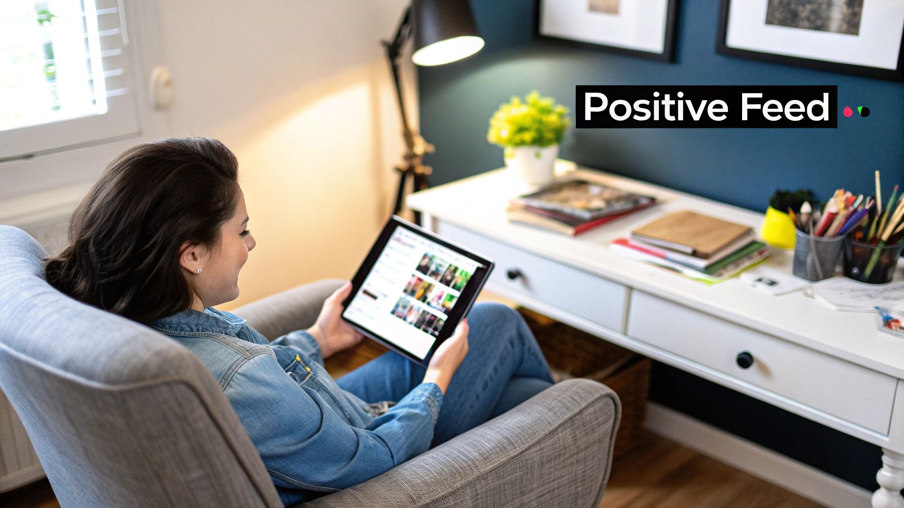 A person looking stressed while scrolling on their phone, with a gloomy background.