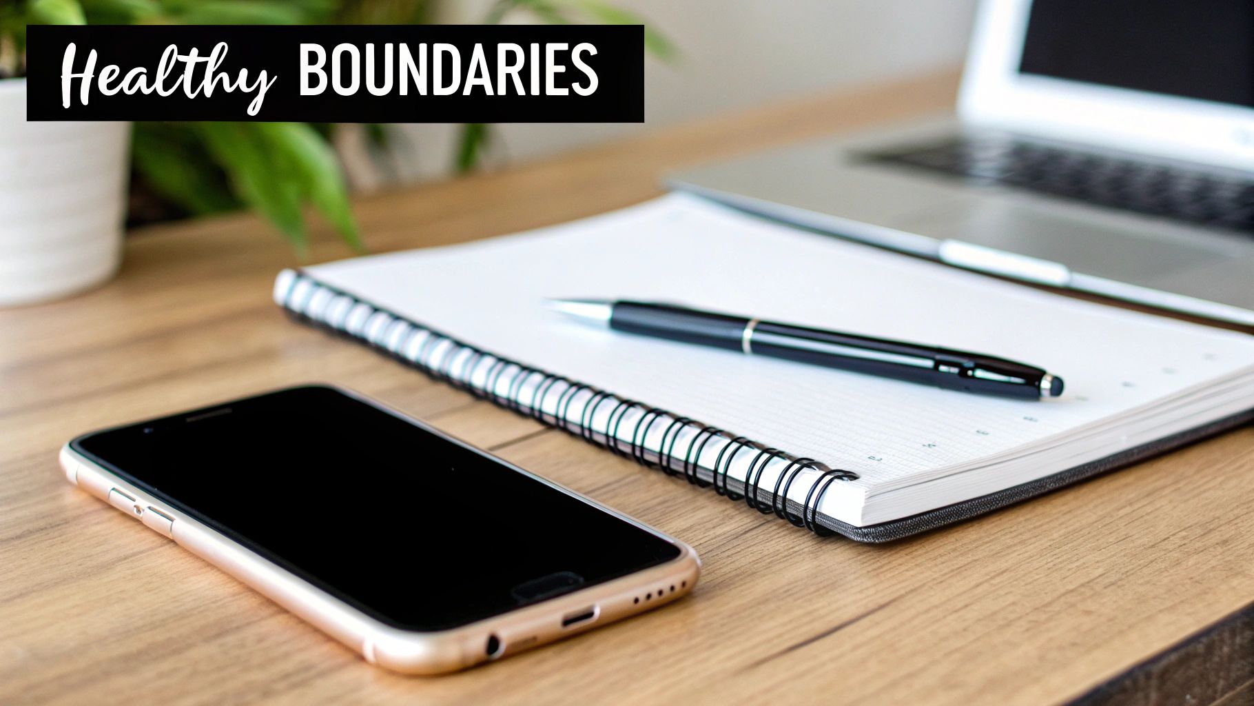 A person sitting comfortably, looking at their phone with a calm expression, with a serene background.