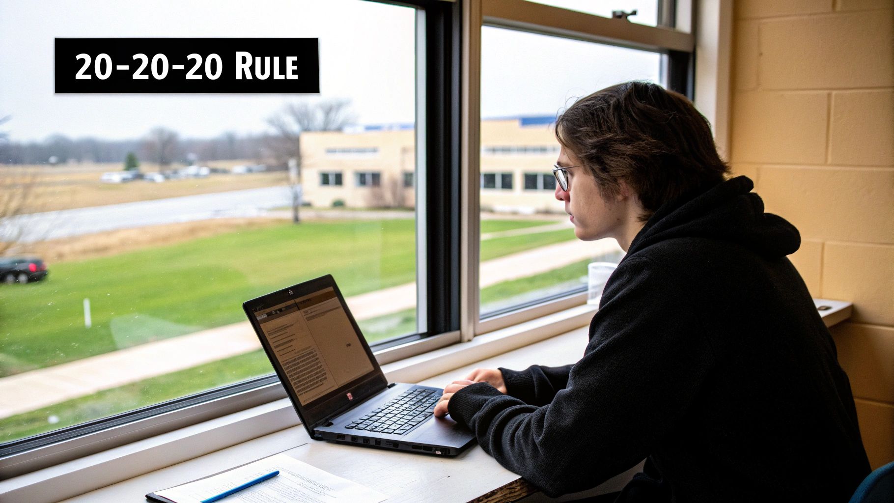 The 20-20-20 Rule for Eye Health, showing a person taking a break from their computer to look out a window.