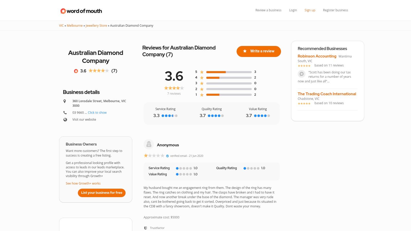 Word of Mouth reviews for Australian Diamond Company