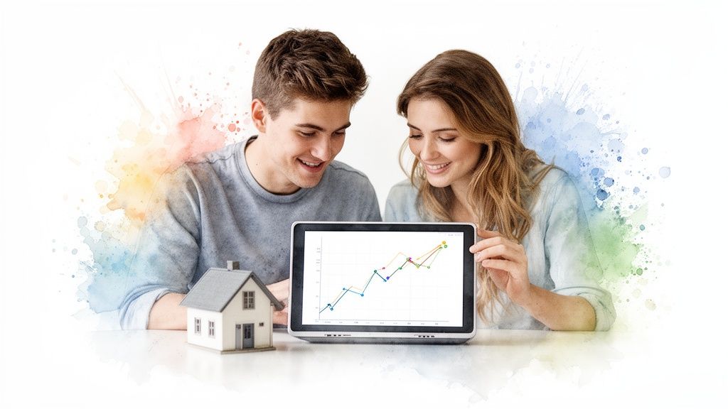 Een glimlachend jong stel bekijkt een tablet met een financiële grafiek en een modelhuis.