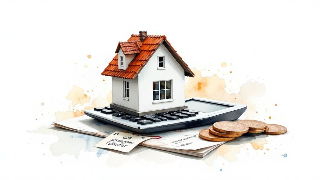 Miniatuur huisje op een rekenmachine met papieren en munten, symboliseert woningfinanciering.