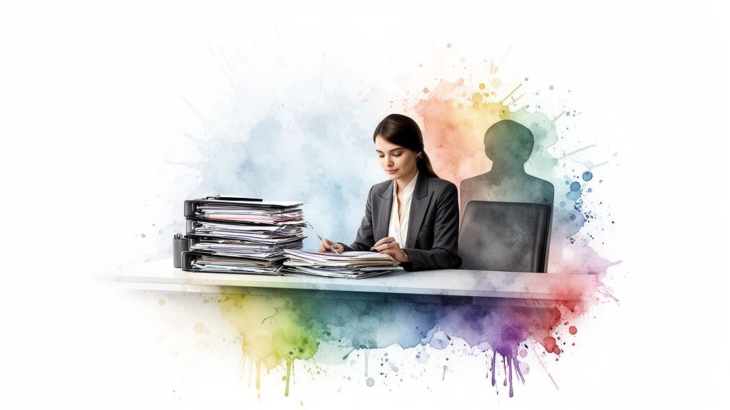 Vrouw werkt aan een bureau vol papieren en mappen, omringd door kleurrijke waterverfspatten. Achter haar staat een silhouet.