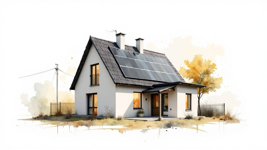 Een modern wit huis met zonnepanelen op het dak, omgeven door droog gras en een boom.