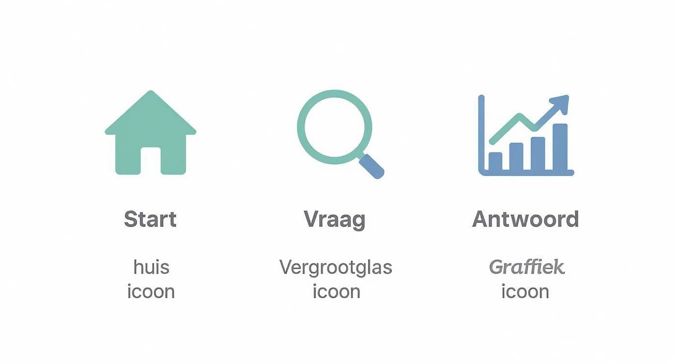Drie icons in groen en blauw: een huisje voor 'Start', een vergrootglas voor 'Vraag' en een grafiek voor 'Antwoord'.