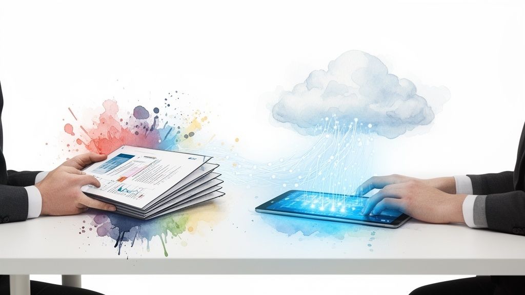 Twee mensen vergelijken papieren documenten met een tablet, verbonden met de cloud.