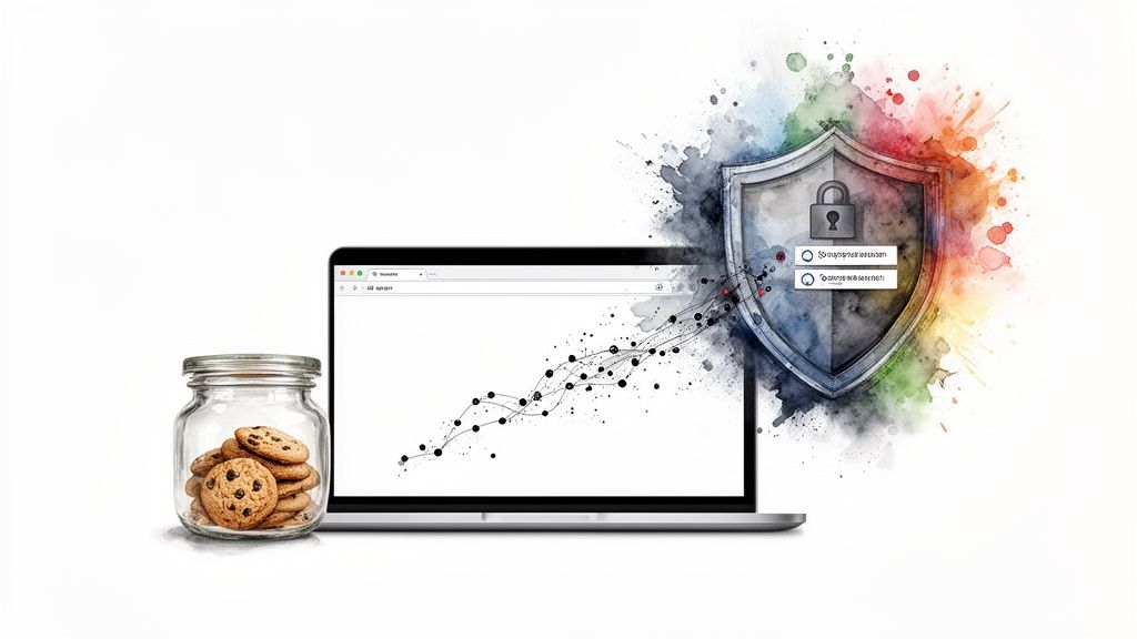 Een glazen pot met cookies, een laptop met gegevensgrafiek die verbonden is met een schild met hangslot, omringd door kleurrijke spetters.