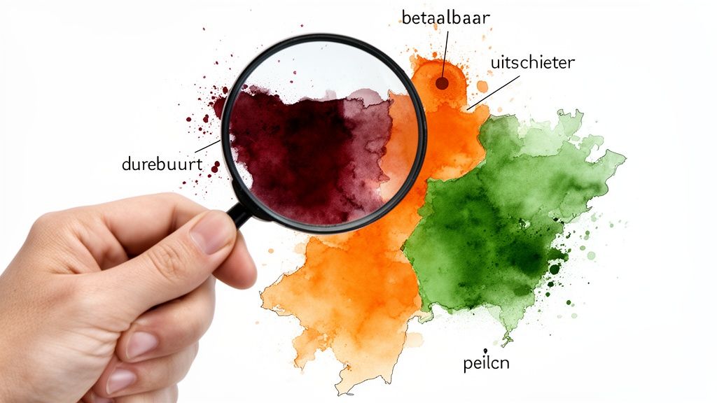Hand met vergrootglas over een waterverfkaart die wijken met 'durebuurt', 'betaalbaar' en 'uitschieter' labelt.