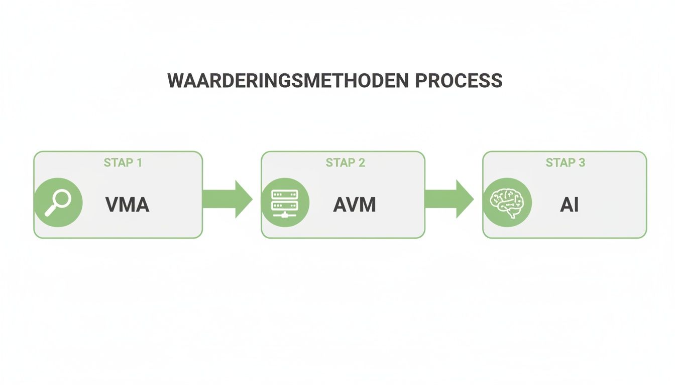 Processtroom van waarderingsmethoden met stappen VMA (vergrootglas), AVM (server) en AI (hersenen).